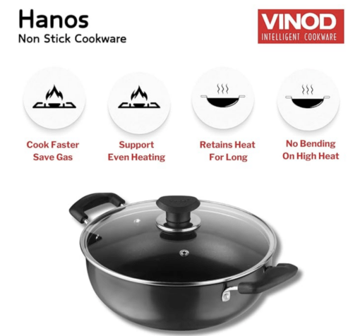Vinod Hanos Hard Anodised Non Stick Deep Kadhai with Glass lid - 4.1 litre, 26 cm | 3.25mm Thick | 5X Non Stick | Metal Spoon Friendly | Induction base | 2 Year Warranty - Image 2